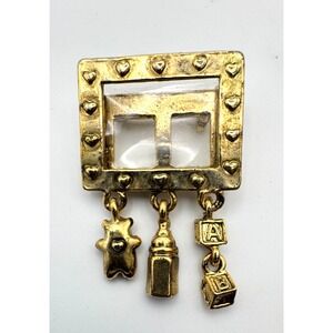 Vintage New Mom Brooch Baby Themed Charm Pin Teddy Bear Baby Blocks Mother's Day